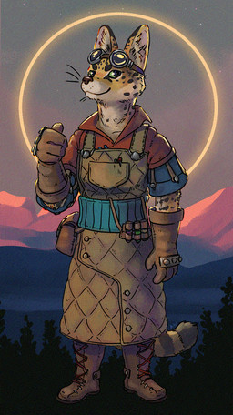 anthro apron boots botanist brown_bag brown_clothing brown_gloves brown_handwear brown_nose closed_smile clothed clothed_anthro clothed_male clothing eclipse eyebrows eyewear eyewear_on_head fanny_pack fantasy footwear forest fur gesture gloves goggles goggles_on_head green_eyes hand_gesture handwear landscape landscape_background leather leather_boots leather_clothing leather_footwear leather_gloves leather_handwear lips looking_at_viewer male markings mountain mouth_closed multicolored_body multicolored_ears multicolored_fur multicolored_tail plant potion potion_bottle raised_eyebrow red_clothing red_shirt red_topwear shirt shoes smile smiling_at_viewer solo spots spotted_body spotted_fur tail thumbs_up topwear tree whiskers white_lips white_neck work_gloves yellow_body yellow_face yellow_fur fenrir74 yarrow_mugwort_(fenrir74) felid feline mammal serval adversarial_noise english_description full-length_portrait hi_res portrait