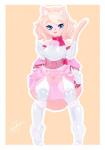 accessory anthro armor biped blue_eyes blush breasts clothed clothing corset domestic_cat felid feline felis female footwear fur garter garter_belt garter_straps genitals hair hi_res high_heels legwear lingerie mammal nenerhea partially_clothed pink_body pink_fur pink_hair pussy rhea_(nenerhea) ribbons shoes small_breasts solo stockings thick_thighs topwear