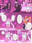 2019 3:4 ambiguous_gender anthro black_body black_fur blue_eyes breasts brother_(lore) brothers_(lore) brown_body brown_fur canid canine clothed clothing comic crossed_arms dialogue digital_media_(artwork) eeveelution english_text female fur generation_2_pokemon generation_4_pokemon generation_6_pokemon group head_on_hand hi_res inside km-15 lagomorph laurence lopunny lucius_(km-15) mammal nintendo pokemon pokemon_(species) ribbons sibling_(lore) sitting sylveon teeth text umbreon waiter