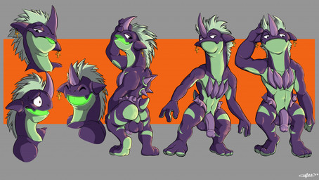 3_fingers 3_toes ankh anthro back_spikes backsack balls body_spikes butt coy ear_piercing eyes_closed feet fingers genitals glans glowing glowing_tongue green_body green_hair green_skin green_tongue hair horn humanoid_genitalia humanoid_penis male markings penis perineum piercing purple_body purple_penis purple_skin scales scared simple_background slit_penis smile solo spikes spikes_(anatomy) toes tongue tongue_out ventral_scales colfax nintendo pokemon generation_8_pokemon low_key_toxtricity pokemon_(species) toxtricity 2022 model_sheet signature