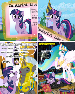armor book clothing cutie_mark dialogue feathered_wings feathers female feral fur glowing group hair horn humor levitation library magic melee_weapon multicolored_hair polearm princess purple_body purple_eyes purple_fur purple_hair quadruped royalty scroll skinsuit sparkles spear tail text tight_clothing two_tone_hair weapon wings glancojusticar friendship_is_magic hasbro my_little_pony mythology princess_celestia_(mlp) royal_guard_(mlp) twilight_sparkle_(mlp) equid equine mammal mythological_creature mythological_equine unicorn winged_unicorn 2013 4:5 english_text hi_res