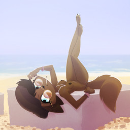 anthro beach beret biped blue_eyes brown_body cigarette clothing collar eyelashes eyewear female fluffy fluffy_tail hat headgear headwear lying mostly_nude on_back outdoor_nudity paws sand slim_female small_waist smoking smoking_cigarette solo sunglasses tail thick_thighs wearing_sunglasses wristband pusszone audrey_(pusszone) canid canine fox mammal 1:1 2026 hi_res