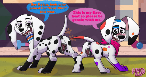 animal_genitalia animal_vulva anus blush body_blush butt canine_genitalia canine_vulva detailed_background dialogue duo female feral fur genitals in_heat kerchief long_ears looking_at_viewer looking_back looking_back_at_viewer pawpads paws presenting presenting_hindquarters presenting_vulva raised_tail rear_view speech_bubble tail talking_feral text toony vulva vulva_blush white_body white_fur conditional_dnp hmdkoba 101_dalmatian_street 101_dalmatians disney da_vinci_(101_dalmatians) dolly_(101_dalmatians) canid canine canis dalmatian domestic_dog mammal 2023 absurd_res artist_name dated english_text hi_res