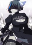 anthro big_breasts black_hair blindfold blue_highlights breasts butt butt_from_the_front cleavage cleavage_cutout clothed clothing cosplay cutout female grey_body hair highlights_(coloring) inner_ear_fluff legwear red_highlights short_hair solo stockings thick_thighs tuft underwear wide_hips dannyckoo exgalatine nier_automata platinumgames chikachi yorha_2b domestic_cat felid feline felis mammal 2020 hi_res