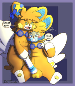chastity_bulge chastity_device clone duo eyewear fur gag goggles goggles_around_neck hitachi_magic_wand hypnosis hypnotic_music kneeling lock_bulge lock_symbol mind_control null_bulge object_in_mouth on_one_knee open_mouth orange_body orange_fur pacifier pacifier_gag pacifier_in_mouth pawpads paws plushie ringed_eyes semi-anthro sex_toy simple_background sitting star text vibrating vibrator visor wand_vibrator wearing_chastity_device jake_the_traveler hitachi nintendo pokemon sparky_the_pawmot animate_inanimate generation_9_pokemon living_plushie mammal pawmot pokemon_(species) absurd_res digital_media_(artwork) english_text hi_res nonbinary_(lore)