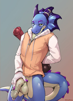 animal_dildo animal_sex_toy anthro balls blue_body bottomless bottomless_anthro bottomless_male clothed clothing countershade_balls countershade_crotch countershade_face countershade_genitalia countershade_tail countershade_torso countershading dildo equine_dildo erection eyewear genital_piercing genitals glasses gradient_background green_eyes holding_dildo holding_object holding_sex_toy horn humanoid_genitalia humanoid_penis looking_at_viewer male male_anthro penis penis_piercing piercing prince_albert_piercing purple_body scrotum_piercing sex_toy simple_background smile solo standing tail tan_body tan_penis vein veiny_penis wearing_glasses mintyderg serris_(varuna-the-magnificent) agamid frilled_lizard lizard reptile scalie 2022 hi_res