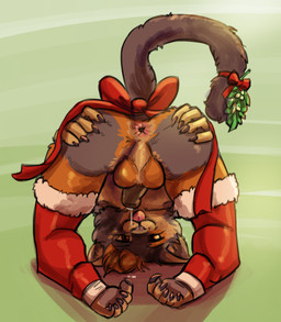 accessory anthro anus biped blep bodily_fluids bow_(feature) bow_accessory bow_ribbon brown_body brown_fur butt clothed clothing feet fingers fur furgonomics genital_fluids holidays legwear male mistletoe orange_body orange_fur partially_clothed plant precum presenting presenting_anus presenting_hindquarters rear_view ribbons solo stockings stretched_anus tail tail_accessory tail_bow tail_ribbon toes tongue tongue_out raemyshu christmas hawkpelt felid feline mammal full-length_portrait portrait shaded