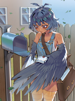 blue_body blue_feathers blue_hair clothed clothed_female clothing dark_body dark_skin delivery_(commerce) delivery_employee feathers female fence hair mailbox monster_girl_(genre) outside overalls postal_carrier postal_delivery sky solo urban wings idamariadesu european_mythology greek_mythology monster_musume mythology papi_(monster_musume) avian harpy humanoid mythological_avian mythological_creature absurd_res hi_res