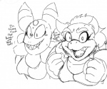 anthro blush bodily_fluids breasts collar crossgender dialogue drooling duo eyelashes female grin horn non-mammal_breasts saliva sharp_teeth smile spiked_collar spikes sweat teeth text kl0ndike mario_and_luigi_(series) mario_bros nintendo superstar_saga bowser cackletta beanish koopa scalie black_and_white english_text monochrome