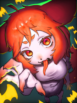 5_fingers ahoge anthro bangs big_breasts breasts claws clothing dress ears_aside eyebrows fangs female fingers hair high-angle_view holidays long_tongue looking_at_viewer multicolored_eyes navel red_eyebrows red_eyes red_hair side_bangs solo standing teeth tongue tongue_out torn_clothing triangle_pupils yellow_eyes eitirou12345 halloween domestic_cat felid feline felis mammal 3:4 hi_res