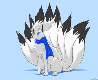 9_tails ambiguous_gender black_nose blue_background blue_eyes blue_scarf dipstick_tail feral fur markings mostly_nude multi_tail scarf scarf_only simple_background sitting smile solo tail tail_markings white_body white_fur candyfoxy nintendo pokemon fir_(youtuber) generation_1_pokemon ninetales pokemon_(species) 2014 digital_media_(artwork) male_(lore)