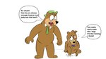 anthro belly brown_body clothing duo hat headgear headwear male necktie simple_background sitting size_difference slightly_chubby text white_background beargarbage hanna-barbera jellystone_(hbo_max) yogi_bear boo-boo_bear yogi_bear_(character) bear mammal 16:9 2022 english_text hi_res widescreen