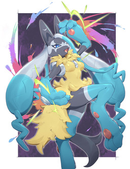 3_fingers anthro black_body black_ears black_fur blue_body blue_eyes blue_fur breasts featureless_breasts female fingers fur grey_body grey_fur metal open_mouth pawpads paws solo yellow_body yellow_fur xoty_233 nintendo pokemon canid canine generation_9_pokemon mammal mega_evolution mega_lucario_z pokemon_(species) absurd_res hi_res