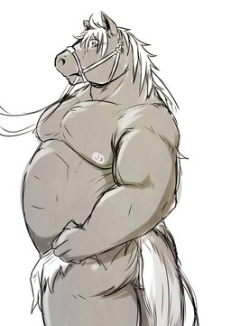 anthro bottomwear butt clothing kemono loincloth male musclegut muscular nipples simple_background solo white_background chiro_(artist) equid equine horse mammal 2015