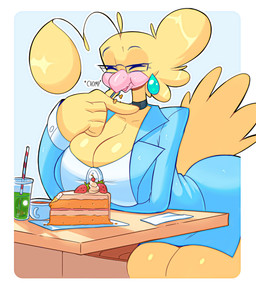 anthro arm_under_breasts beak bench beverage big_breasts big_butt blonde_hair blue_bottomwear blue_clothing blue_skirt blue_suit_jacket border bottomwear breasts butt button_(fastener) cake choker cleavage clothed clothing container cup dessert drinking_straw ear_piercing eating eating_cake eyes_closed eyewear feather_hands feathers female food fruit furniture glasses hair huge_breasts jewelry mug napkin necklace non-mammal_breasts piercing plant sitting skirt solo strawberry suit_jacket table tail tail_feathers thick_thighs white_border wide_hips yellow_body yellow_feathers spongebandimark dee_(doodledox) avian bird canary finch oscine passerine 2023 absurd_res hi_res