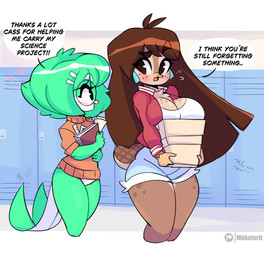 anthro big_breasts blush breasts clothed clothing dialogue duo eyewear female glasses panties pantsless school school_hallway sweater text topwear underwear white_clothing white_panties white_underwear miikotorii cassandra_(miikotorii) maria_(miikotorii) avian bird mammal monotreme platypus quetzal trogonid absurd_res english_text hi_res
