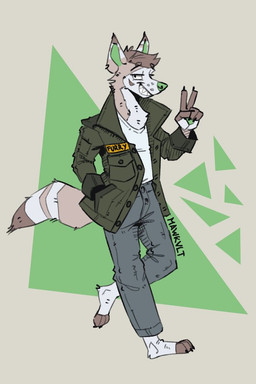 anthro barefoot bottomwear clothing denim denim_bottomwear denim_clothing ears_up feet gesture hand_gesture hand_in_pocket jacket jeans looking_at_viewer male pants pockets shirt smile smiling_at_viewer solo tail tank_top teeth teeth_showing text text_on_clothing topwear v_sign mawkvlt 2:3