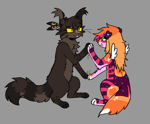 accessory ambiguous_gender brown_body brown_fur circle_eyebrows coontail_hair duo ear_tuft eyebrows eyewear feather_in_hair female feral floppy_ears freckles fur fur_markings glasses gloves_(marking) green_eyes green_markings grey_background hair hair_accessory heart_symbol leg_markings long_hair loose_feather markings multicolored_body multicolored_fur open_mouth orange_body orange_eyes orange_fur paws pink_body pink_fur scene_haircut simple_background sitting small_wings smile smiling_at_another socks_(marking) sparkle_(marking) sparklefur spots spotted_body striped_body striped_fur striped_legs striped_markings striped_tail stripes tail tail_markings tuft tufted_fur whiskers wings yellow_eyes vedacia kestrel_(wastepaw) tootsie_pop(veevobyte) canid canine canis domestic_cat domestic_dog felid feline felis mammal 2025 colored digital_media_(artwork)