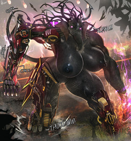 anthro areola bio_weapon black_body blood bodily_fluids breasts city colored_blood colored_fire cracked_ground cybernetics dialogue female fire flying foreground_silhouette forehead_gem gem genitals gold_(metal) green_blood group horn machine macro meteor muscular muscular_anthro muscular_female nipples proboscis_(anatomy) purple_eyes purple_fire purple_lighting robotic_arm robotic_leg stomping text trio trunk_(anatomy) unusual_blood unusual_bodily_fluids vulva wings netxart mythology project_kaiju background_character tb-104_behemoth tb-717_berserker cyborg dragon elephantid kaiju mammal mythological_creature mythological_scalie proboscidean scalie english_text signature