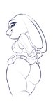 anthro big_butt bottomwear breasts butt clothed clothing eyebrows female fingers grin long_ears looking_at_viewer looking_back police police_uniform simple_background smile solo tail teeth thick_thighs topwear uniform white_background bl394 disney zootopia judy_hopps lagomorph leporid mammal rabbit digital_drawing_(artwork) digital_media_(artwork) hi_res monochrome