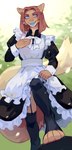 4_toes 5_fingers anthro biped black_clothing black_legwear black_stockings blue_eyes blue_tongue brown_eyebrows brown_hair clothed clothing eyebrows fangs feet female fingers front_view fur garter_straps hair hand_on_chest legwear looking_at_viewer maid_uniform open_mouth open_smile pupils smile smiling_at_viewer solo standing stockings tail tan_body tan_ears tan_fur tan_tail teeth toeless_legwear toes tongue uniform white_clothing white_pupils corzh77 mythology dragon furred_dragon furred_scalie mythological_creature mythological_scalie scalie absurd_res hi_res