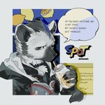 2024 anthro arknights black_hair blue_hair book clothing collar container cup english_text fur grey_body grey_fur hair hi_res holding_book holding_container holding_cup holding_object hyena hypergryph jacket looking_at_viewer male mammal multicolored_body multicolored_fur multicolored_hair sirakaar solo speech_bubble spot_(arknights) spotted_hyena studio_montagne text topwear two_tone_body two_tone_fur two_tone_hair