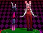 anthro armor biped black_body blush blushing_profusely buckteeth bunny_costume butt casino_table clothing costume dancing duo ear_blush embarrassed eyes_closed female fishnet_clothing fishnet_leggings fishnet_legwear headgear helmet leggings legwear leotard pattern_background pear-shaped_figure pickelhaube playboy_bunny shaking simple_background slightly_chubby slim slim_female small_butt small_hips small_waist spiral_eyes teeth thin_arms thin_calves thin_legs thin_thighs white_body wide_hips x3 pinkmoth magpie_(pinkmoth) phib_(fr0gv0re) domestic_cat felid feline felis lagomorph leporid mammal rabbit 3d_(artwork) 3d_animation 4:3 animated digital_media_(artwork) short_playtime