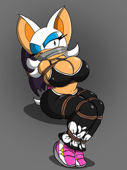 angry anthro bdsm bell-bottoms big_breasts bondage bound breasts captured clothing crop_top curvy_figure female footwear fur gag gagged green_eyes hair kidnapping makeup one_eye_closed restraints rope rope_bondage shirt shoes sitting sneakers solo struggling tan_body tape tape_gag thick_thighs topwear white_body white_fur white_hair wings wink kinkartist sega sonic_the_hedgehog_(series) rouge_the_bat bat mammal hi_res