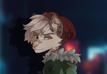 anthro brown_eyebrows brown_eyes clothed clothing ear_piercing eyebrows fur hair hat headgear headwear heterochromia inner_ear_fluff jacket male piercing pink_nose scar solo tan_body tan_eyes tan_fur tan_inner_ear_fluff topwear tuft white_hair yuki_onode domestic_cat felid feline felis mammal portrait shaded