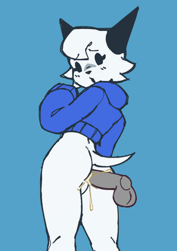 ambiguous_gender anal anal_penetration anthro biped blue_background blue_clothing blue_hoodie blue_topwear blush blush_lines bodily_fluids bottomless butt clothed clothing cropped_hoodie cum cum_in_ass cum_inside cum_splatter disembodied_penis duo erection from_behind_position fur genital_fluids genitals hoodie looking_back male monotone_background open_mouth penetration penis rear_view sex short_tail simple_background standing tail topwear topwear_only white_body white_fur echossmetches canid canine canis domestic_dog humanoid mammal male_(lore)