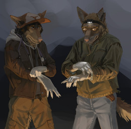 anthro black_background bleak_ambiance blue_eyes brown_body brown_fur bulge clothing coat duo elderly_anthro elderly_male eyes_closed eyewear front_view frown fur glasses gloves grey_background handwear headlight jacket latex latex_clothing latex_gloves latex_handwear male male_anthro medical_gloves medical_instrument multicolored_body multicolored_fur sad scientific_instrument simple_background standing stethoscope topwear upset wearing_glasses kaltag1925 canid canine canis coyote mammal hi_res