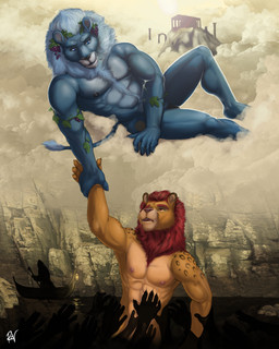 5_fingers abs anthro biceps biped black_body black_fur black_nose black_penis black_spots blue_body blue_eyes blue_fur blue_mane blue_nipples blue_tail body_hair brown_body brown_fur chest_hair cloud countershade_face countershade_torso countershading disembodied_hand duo_focus eyebrows fingers flaccid food fruit fur genitals gondola_(boat) grape greek group happy_trail heaven lying male mane markings melanistic muscular muscular_male nipples nude on_side open_mouth pecs penis pink_eyes pink_mane pink_nipples plant river serratus silhouette sky spots spotted_body spotted_fur sun tail tail_tuft tan_body tan_countershading tan_fur tuft vehicle vines watercraft yellow_sclera rov european_mythology greek_mythology mythology dionysus_(deity) dionysus_panther lukerative felid hybrid leopard lion mammal pantherine 2016 4:5 digital_media_(artwork) hi_res signature