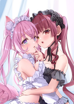 animal_ears blush breast_squish breasts breasts_frottage clothing crop_top female finger_on_mouth fluffy_ears frilly hair hair_between_eyes hand_on_another's_chin headdress heterochromia long_sleeves medium_breasts open_mouth pigtails pink_eyes pink_hair red_eyes red_hair shirt squish tail topwear white_headdress yellow_eyes shagaihi hololive vtuber houshou_marine koyori_hakui animal_humanoid cat_humanoid felid felid_humanoid feline feline_humanoid human humanoid mammal mammal_humanoid absurd_res hi_res
