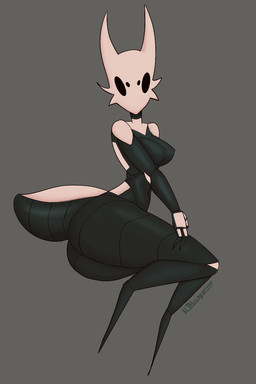 anthro arthropod_abdomen big_butt black_body black_eyes breasts butt empty_eyes featureless_feet feet female grey_background looking_at_viewer mouthless navel simple_background solo thick_thighs white_body wide_hips bluesparrow hollow_knight_(franchise) team_cherry fan_character arthropod insect hi_res