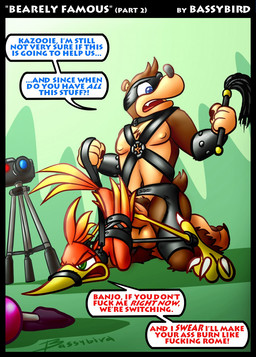 anthro anthro_on_feral ass_up balls bdsm beak bestiality blue_eyes bondage bound camera collar dialogue duo erection feathers feet female feral from_behind_position genitals green_eyes humanoid_genitalia humanoid_penis humor imminent_sex interspecies larger_male leash male male/female muzzle_(object) muzzled penis profanity raised_tail recording restraints sex size_difference smaller_female speech_bubble spreader_bar submissive submissive_female tail tail_feathers talons tan_balls text toes toony tripod whip bassybefuddle conditional_dnp banjo-kazooie rareware banjo_(banjo-kazooie) kazooie avian bear bird breegull mammal comic english_text hi_res signature