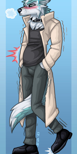 anthro bladder_bulge blush bodily_fluids clothed clothing coat collar full_bladder fur hand_in_pocket hands_in_both_pockets male multicolored_body multicolored_fur omorashi pockets solo sweat tail tail_between_legs topwear punkrockvampire brand_new_animal studio_trigger shirou_ogami canid canine canis mammal wolf 2021