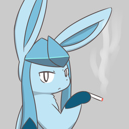 ambiguous_gender cigarette frown grey_background looking_at_viewer simple_background smoke smoking solo tsurikichiyuyu nintendo pokemon eeveelution generation_4_pokemon glaceon pokemon_(species) 1:1