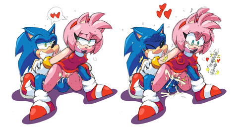 anthro blue_body blue_fur bodily_fluids clothed clothed_female clothing cum cum_in_vagina cum_inside duo eyes_closed female fur genital_fluids genitals green_eyes hand_holding heart_symbol looking_pleasured male male/female pink_body pink_fur smile speech_bubble sweat thrusting vulva extraspecialzone sega sonic_the_hedgehog_(series) amy_rose sonic_the_hedgehog eulipotyphlan hedgehog mammal