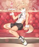 anthro athletic blonde_hair bottomwear bulge cheek_tuft clothed clothing countershading detailed_food facial_tuft food footwear fur glistening green_eyes hair holding_tray kemono looking_at_viewer loveseat male multicolored_body navel necktie parfait_(dessert) shoes shorts shota sitting sneakers solo spandex spandex_shorts tan_body tan_fur tight_bottomwear tight_clothing tight_shorts toned_body tuft two_tone_body two_tone_face waiter white_body white_fur young nayoshi744 canid canine fox mammal 2017 5:6 detailed digital_media_(artwork) hi_res shaded