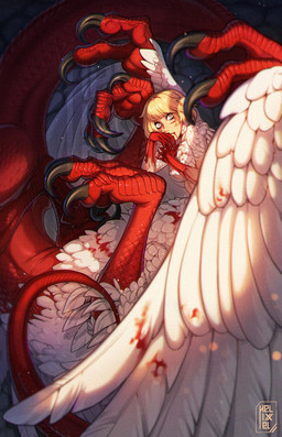4_toes 5_fingers black_claws blonde_hair blood blood_drip blood_on_face blood_on_feathers blood_on_hand blood_on_wing bodily_fluids breasts claws constricted_pupils covering covering_mouth dripping eyelashes feathered_wings feathers feet female fingers hair logo long_tail looking_at_viewer lying on_back pupils red_body red_scales scales short_hair side_view small_pupils solo tail tapering_tail toes white_body white_feathers white_sclera wings yellow_eyes helixel delicious_in_dungeon mythology falin_touden chimera_(delicious_in_dungeon) dragon dragon_taur feathered_dragon feathered_dragon_taur feathered_scalie humanoid humanoid_taur mythological_creature mythological_scalie scalie taur artist_logo digital_drawing_(artwork) digital_media_(artwork) hi_res