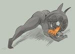 anthro arched_back ass_up bent_over big_butt big_tail butt colored_nails curled_tail ear_fins female fin flat_chested grey_background grey_body hair huge_tail jack-o'_pose nails nude orange_eyes orange_hair pose presenting presenting_hindquarters raised_tail simple_background smile solo spread_legs spreading stretching tail thick_thighs wide_stance twistedteeth emille_selachi fish hybrid marine shark 2021 hi_res