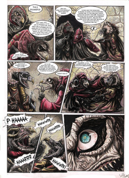 angry anthro beak bullying clothed clothing dialogue elderly fangs fully_clothed gown group inside multi_limb renaissance_clothing speech_bubble teeth text trio skekla_(artist) the_dark_crystal skekla_the_illustrator skekna_the_slave_master skekung_the_garthim_master alien skeksis 2016 comic english_description english_text hi_res signature herm_(lore)