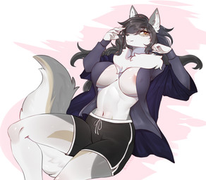 abs anthro areola areola_slip big_breasts breasts clothed clothing female fur hair neck_tuft nipple_outline partially_clothed pose simple_background solo tail tuft ranadi gow_the_bangkaew canid canine canis domestic_dog mammal digital_media_(artwork) hi_res pinup