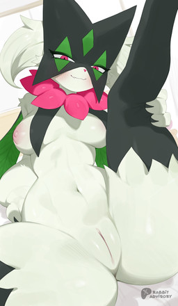 anthro bedding bedding_background blush breasts butt close-up female fur genitals green_body green_fur humanoid_genitalia humanoid_vulva looking_at_viewer medium_breasts nipples nude presenting presenting_vulva simple_background solo spread_legs spreading vulva rabbitadvisory nintendo pokemon felid feline generation_9_pokemon mammal meowscarada pokemon_(species) absurd_res digital_media_(artwork) hi_res