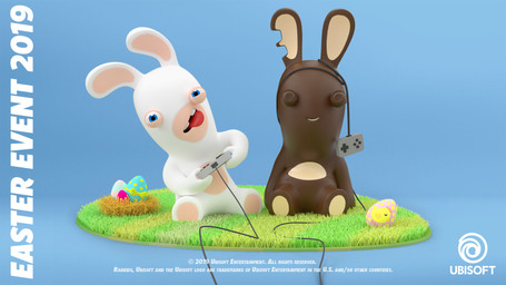 ambiguous_anthro ambiguous_gender anthro arms_bent blue_background blue_eyes buckteeth candy chocolate controller dessert easter_egg fake_grass featureless_crotch featureless_legs food fur gaming holding_controller holding_object holidays light logo long_ears looking_at_viewer mitten_hands multicolored_body narrowed_eyes nest no_eyebrows noseless nude_ambiguous nude_anthro open_mouth pawpads playing_video_game red_tongue short_legs simple_background sitting sitting_on_ground smile smiling_at_viewer solo squint tan_body tan_eyelids tan_inner_ear tan_pawpads tan_skin teeth text tongue tongue_out two_tone_body white_body white_fur year perrine_lozinguez easter raving_rabbids rayman_(series) ubisoft lagomorph mammal rabbid 16:9 2019 3d_(artwork) autodesk_maya_(artwork) colored dated digital_media_(artwork) english_description english_text hi_res lighting official_art shaded substance_painter_(artwork) widescreen zbrush_(artwork)