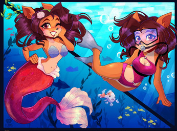 accessory anthro bra breasts brown_eyes brown_hair clothing diving_fins diving_mask duo eyebrows eyelashes female hair hair_accessory hand_on_hip mask navel one-piece_swimsuit one_eye_closed orange_body seashell_bra seashell_in_hair smile split_form swimwear tan_body underwater underwear water wink anadrawzone ellie_bandicoot_(magaska19) aquatic bandicoot mammal marsupial merfolk 2026