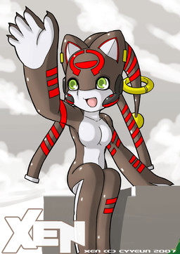 5_fingers anthro arm_markings breasts brown_ears brown_sky cloud countershading cute_fangs detailed_background facial_markings fangs featureless_breasts female female_anthro fingers forehead_markings glistening glistening_body glistening_skin green_eyes head_markings head_tail markings multicolored_body multicolored_skin navel open_mouth open_smile outside pink_tongue raised_arm red_markings ring sitting sky smile solo teeth text tongue white_body white_breasts white_countershading white_hands white_palms white_skin cyyeun xen_(series) izzy_(xen) species_request 2007 artist_name comic dated