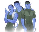 blue_body blue_skin clothed clothing gesture group hand_gesture humanoid_pointy_ears male middle_finger pointy_ears striped_body stripes text trio yellow_eyes mohich james_cameron's_avatar fan_character lopez_(avatar) prager alien alien_humanoid humanoid hybrid na'vi recombinant_(avatar) absurd_res artist_name hi_res signature