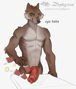 animal_genitalia animal_penis anthro athletic athletic_anthro athletic_male big_penis biped bodily_fluids brown_body brown_fur canine_genitalia canine_penis claws container cup disposable_cup erection finger_claws fur genital_fluids genitals hand_on_hip hand_on_own_hip knot looking_at_viewer male male_anthro multicolored_body multicolored_fur nude_anthro nude_male penis penis_on_table precum red_penis smile smiling_at_viewer solo two_tone_body two_tone_fur white_body white_fur yellow_eyes zephyxus dreamworks the_bad_guys mr._wolf_(the_bad_guys) canid canine canis mammal wolf 2026 digital_media_(artwork)