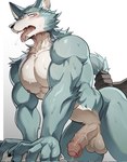 anthro balls blush bodily_fluids duo genital_fluids genitals humanoid_genitalia humanoid_penis male muscular muscular_anthro muscular_male nude open_mouth penis precum solo_focus sweat sweatdrop tongue tongue_out chung0_0 beastars legoshi_(beastars) canid canine canis mammal wolf 2024 hi_res